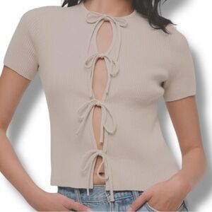 Abercrombie & Fitch Tie Front Ribbed Knit Top Taupe Size XL
